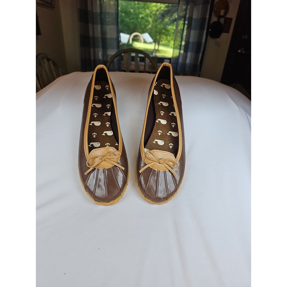 London Fog Webster Women's Duck Slip On Rubber Rain Shoes Dk. Brown/ Tan Size 11 - Picture 3 of 11